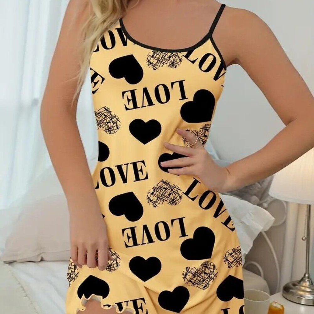 Casual & Comfy Heart & Letter Print Nightdress Lettuce Trim Size L 8/10